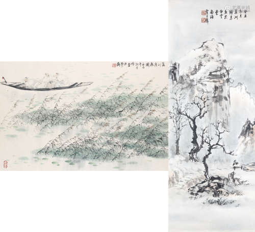 2000/1973 王明明(款)/黃君璧(款) 蘆汀清逸圖/雪翁行山圖設色紙本/設色紙本框/框