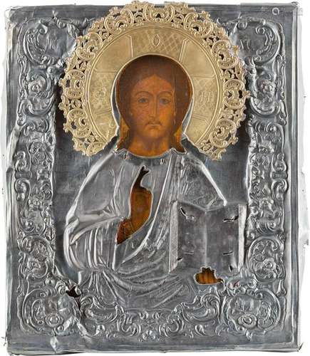 IKONE MIT CHRISTUS PANTOKRATOR MIT SILBER-OKLAD