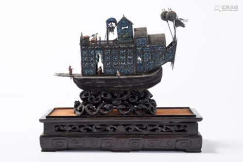 A silver junk in filigreework with enamel, China (12x28x24cm)