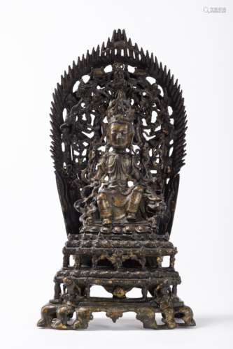 Chinese bronze sculpture 'guanyin on a throne with mandala', Ming dynasty (14x27x51cm)