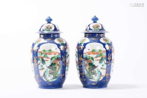A pair of Chinese powderblue vases with famille verte decoration, 19th century (46cm)