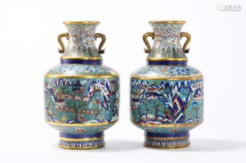 Pair of large, Chinese cloisonnÈ vases 'landscapes' 19th century (*) (54cm)