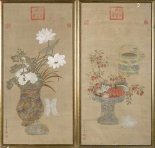 A pair of Chinese paintings on silk 'antiquities', signed Jiang Tingxi (52x100cm)
