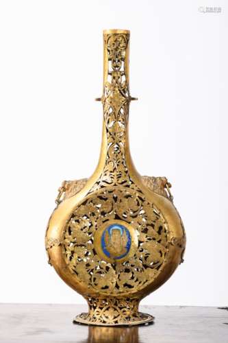 A Venetian pilgrimflask in gilt copper with enamel plaque 'coat of arms of Venice', 17th century (*)