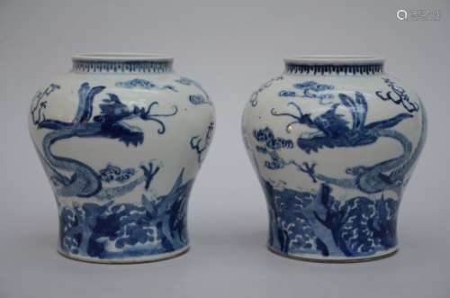 A pair of blue and white vases in Chinese porcelain 'dragons' (20cm)