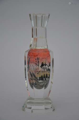 Octagonal glass vase with reverse glass painting (16cm)