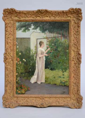 A. Serrure: painting (o/p) 'lady in garden' (35x48cm)