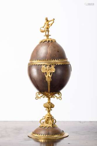 A coconut cup decorated with copper mounts (35cm)