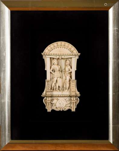 An ivory plaque 'knights', 19th century (9x17cm)