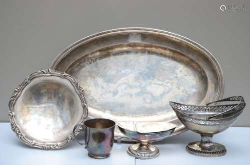 Lot: dish, basket and cream jar, plate and wine cup in silver