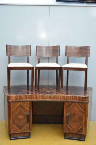 An art deco desk in maccasar with 3 matching chairs (*) (80x179x80cm)