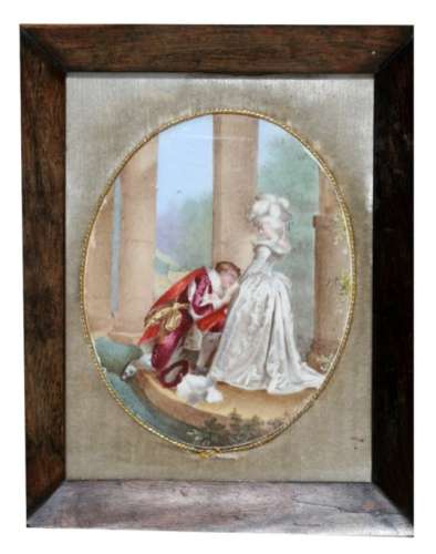 A 19th century French hand painted oval porcelain panel depicting a romantic couple, framed &