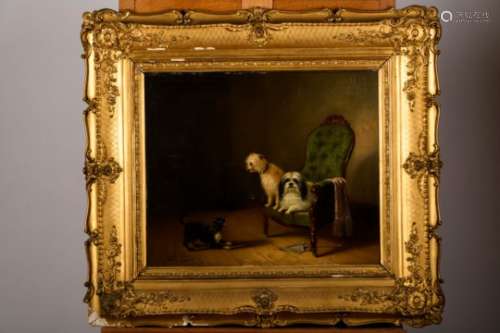 Zacharias Noterman (1850): painting (o/p) 'interior with dogs' (56x47cm)
