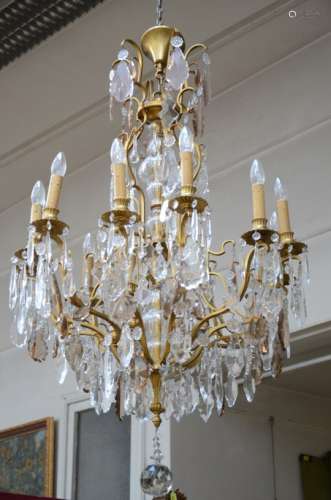 Large decorative bronze chandelier with crystal plaques (68x130cm)