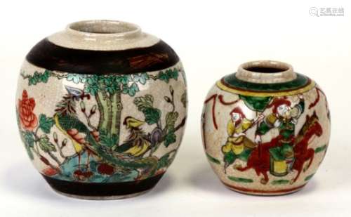 Two Chinese crackle glazed ginger jars, one decorated with a phoenix, the other with figures, the