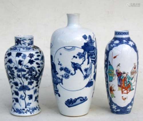 A Chinese blue & white vase decorated with precious objects, 23cms (9ins) high; together with a 19th