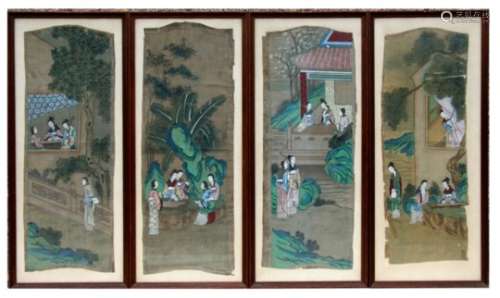 A set of four Chinese paintings on silk depicting figures in landscapes, framed & glazed, 24 by