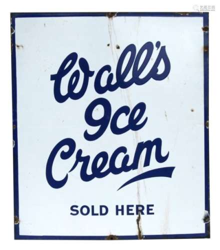 An enamel advertising sign 'Wall's Ice Cream Sold Here', 52 by 60cms (20.5 by 23.5ins).