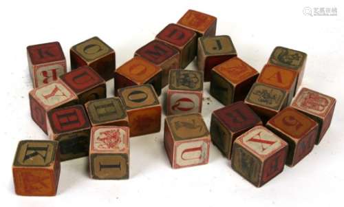 A set of Victorian wooden pictorial alphabet wooden play blocks, each 4.5cms (1.75ins) square.