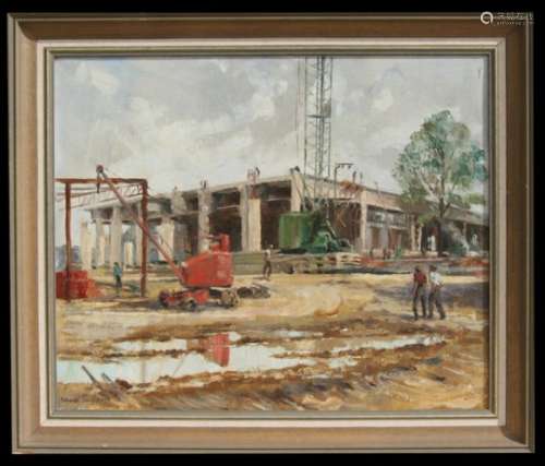 Deborah Jones (modern British) - Building Site Scene - signed & dated 1957 lower left, oil on