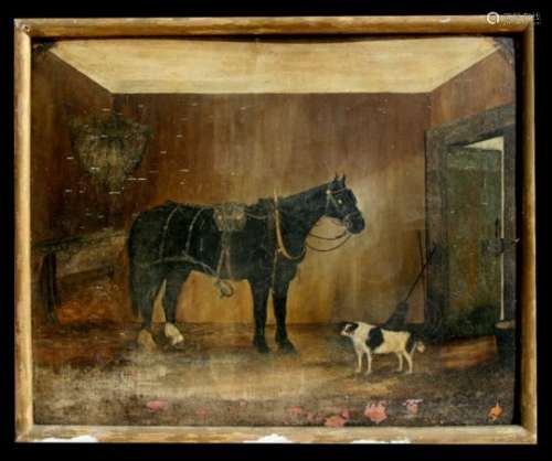19th century English naive school - A Horse in a Stable with a Dog - oil on board, framed, 58 by