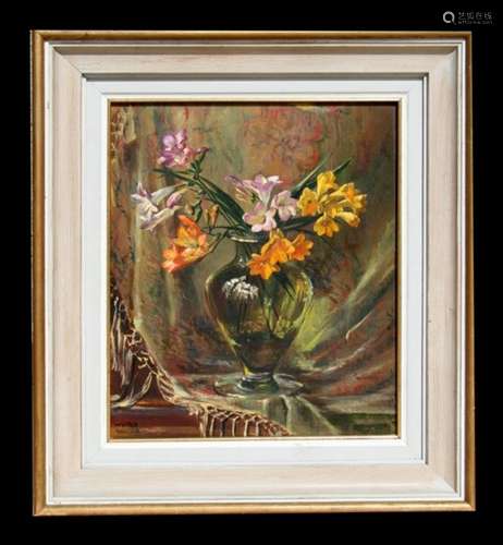 Walter Taylor (modern British) - Still Life of Freesias in a Vase - signed lower left, oil on board,