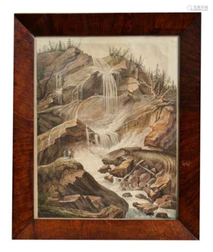 Early 19th century school - Men Inspecting a Waterfall - watercolour, glazed and in a Georgian maple