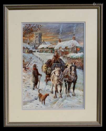 A Langford - Winter Scene with Figures and a Cart - signed lower right, watercolour, framed &