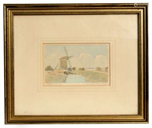 Dutch school - Windmill by a River - watercolour, framed & glazed, 13 by 8cms (5.1 by 3.1ins).