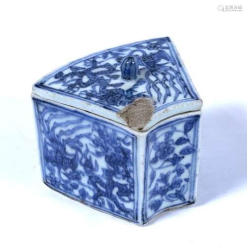 Blue and white fan shaped rectangular bowl and cover Chinese decorated all over with panels of