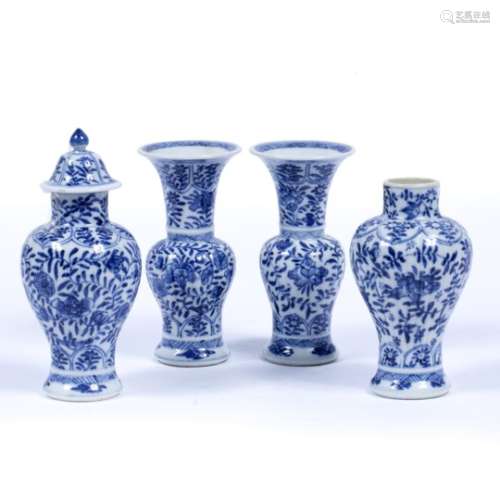 Blue and white garniture of four miniature vases Chinese, Kangxi (1662-1722) paired in baluster