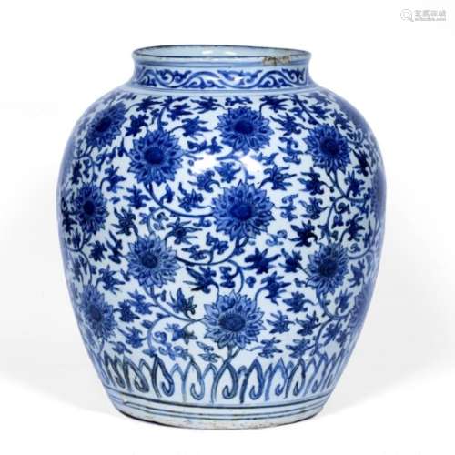 Blue and white ovoid bodied jar Chinese, late Ming (1368-1644) decorated with an overall Indian