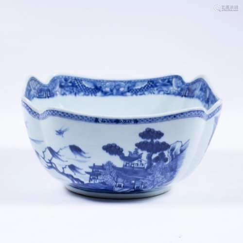 Blue and white export bowl Chinese, 19th Century decorated to the sides depicting pavilions and