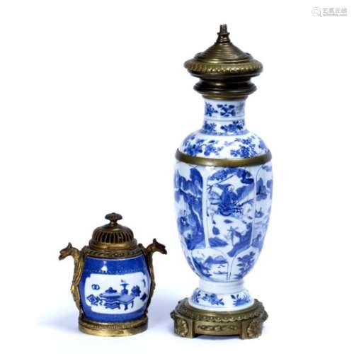 Two blue and white ormolu mounted vases Chinese, Kangxi (1662-1722) the largest decorated in