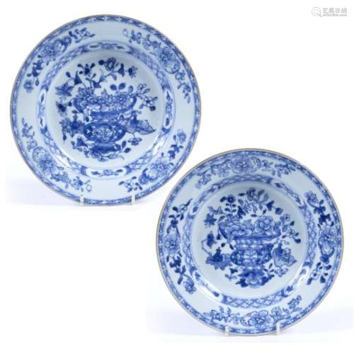 Pair of blue and white export bowls Chinese, 18th Century each decorated with a central scene