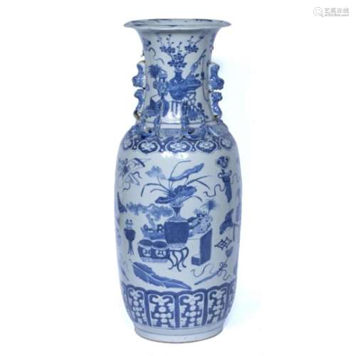 Canton blue and white porcelain vase Chinese, 19th Century decorated with 'antiques' and with ruyi