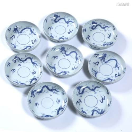 Set of eight blue and white bowls Chinese, 19th Century of shallow rounded edged form, interior