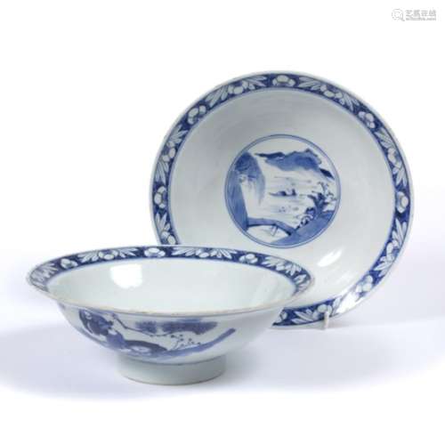 Pair of blue and white bowls Chinese, 19th Century of flared form, decorated to the centre depicting