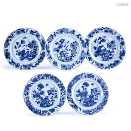 Five blue and white plates Chinese, Kangxi (1662-1722) decorated to the outside with a central panel