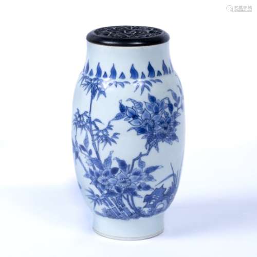 Blue and white porcelain ovoid vase Chinese, Transitional (1618-1683) painted with birds and bamboo,