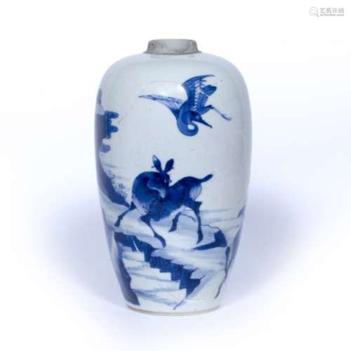 Blue and white jar Chinese, Kangxi (1662-1722) decorated with deer and birds against a mountainous