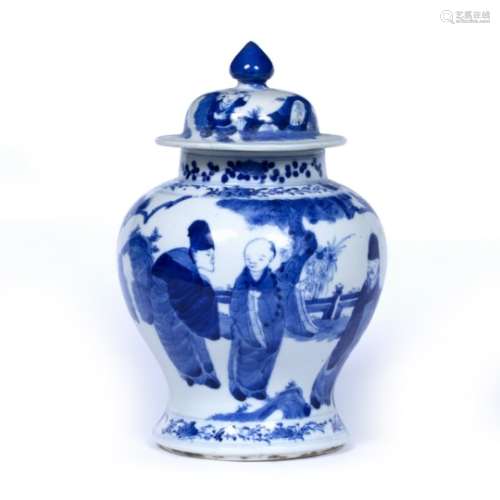 Blue and white baluster vase and cover Chinese, 19th Century decorated with scholars in a garden