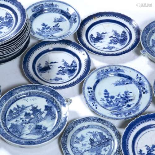 Collection of export blue and white dishes Chinese, early 19th Century and two Chinese blue and