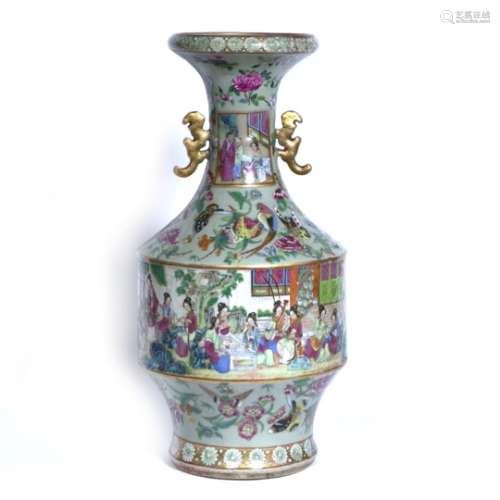 Celadon Canton vase Chinese, 19th Century painted in enamels with a band of ladies in a garden, some