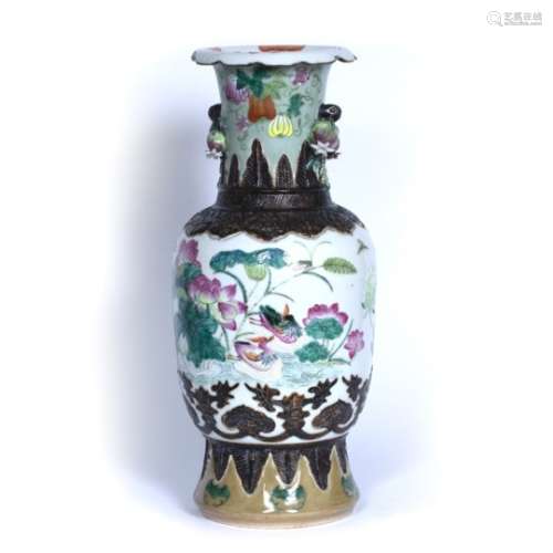 Canton polychrome vase Chinese, 19th Century painted in enamels with ducks, water lilies and insects