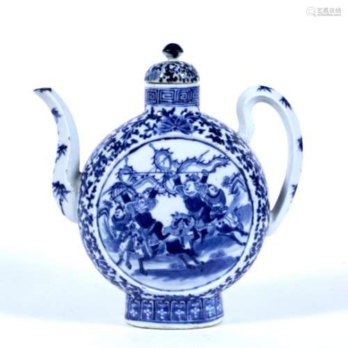 Blue and white porcelain wine ewer Chinese, 19th Century of moon flask form with panels of warrior