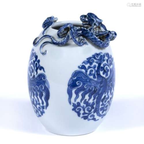 Blue and white porcelain ovoid vase Chinese, 19th/early 20th Century with dragon mount and decorated