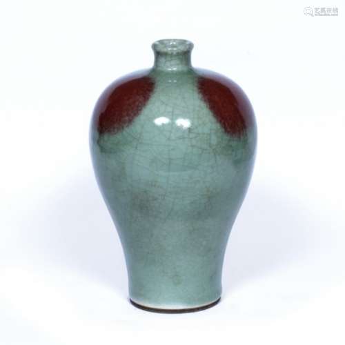 Meiping celadon vase Chinese, 19th Century with crackleware pattern and splashes of red underglaze