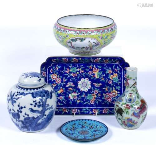 Group of enamel and ceramics to include a blue ground tray, a small blue dish, an open green