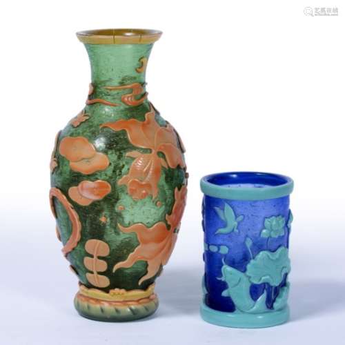 Peking green glass vase Chinese, 19th/20th Century overlaid in amber coloured glass with